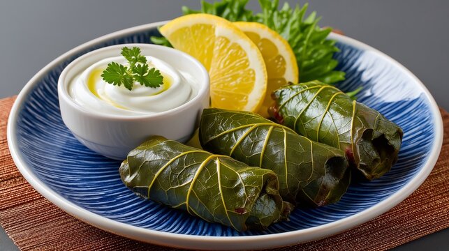 Stuffed grape leaves served with lemon and yogurt on plate