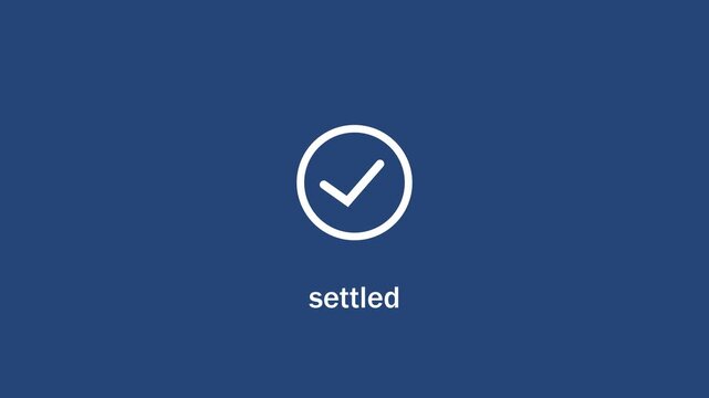 Minimalist motion featuring a smooth transition from a circular loading spinner to a successful checkmark symbol with the text settled displayed on a clean navy blue background