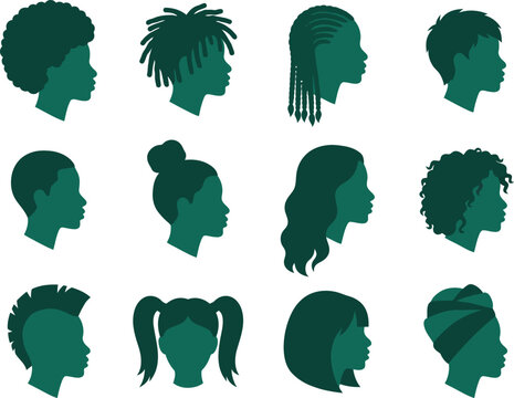 Collection of diverse african hair silhouettes in profile view isolated on transparent background