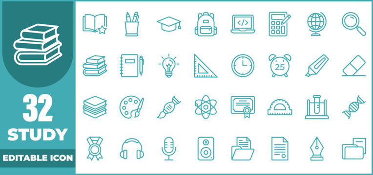 A comprehensive collection of  hand drawn study and education themed icons featuring various school supplies and academic learning elements on a white background