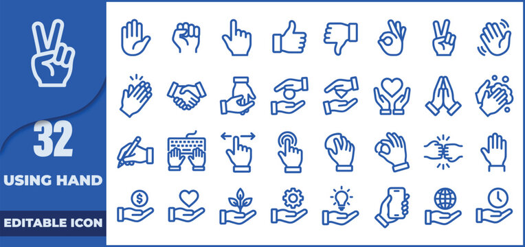 A comprehensive collection of hand gesture icons featuring various communication signs and expressions in a clean blue line art style for projects