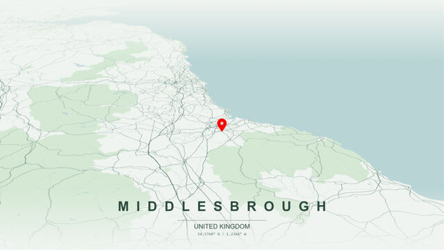 Modern minimalist vector map of Middlesbrough, North Yorkshire, England. High-quality scalable illustration of Middlesbrough geographic boundaries along River Tees contours for posters design.