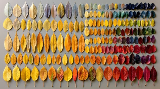 Fall leaves are organized in a tidy grid based on their color and size against a gray background, making a visual display of autumn.