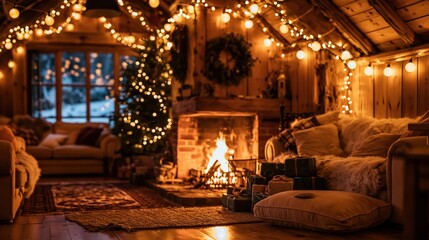 Obraz premium Cozy rustic living room with a glowing brick fireplace and Christmas tree under a canopy of warm string lights for holiday home decor
