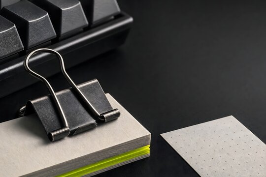 Black Binder Clip on Sticky Notes with Keyboard in Dark Workspace