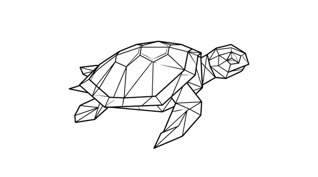 Geometric low poly sea turtle illustration in black and white line art.