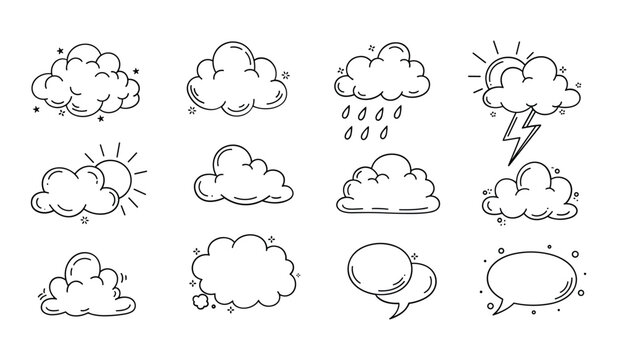 A collection of hand drawn weather icons featuring clouds sun rain lightning and wind isolated on a white background for various creative design projects