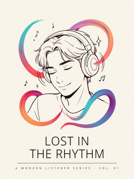Relaxing lofi music line art portrait with headphones and floating waves