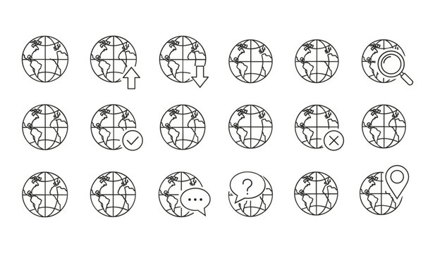 A collection of eighteen thin line style globe and world map icons representing global business logistics communication technology and international travel services for websites
