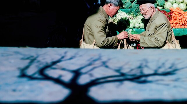 East Asian father and adult son shopping for vegetables with a surreal tree shadow on the ground for family care and aging editorials