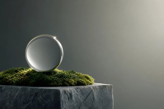 Crystal Sphere Resting on Green Moss and Stone Surface with Copy Space