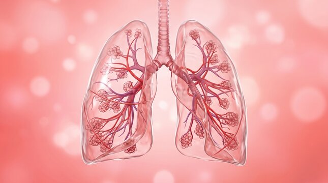 Detailed medical illustration of human lungs showing anatomy and respiratory system. 