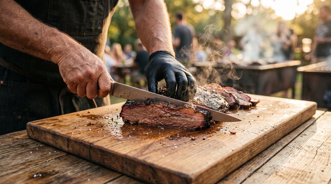 Pitmaster slicing smoked brisket for barbecue. Expert chef preparing meat outdoors with wood smoke aroma.