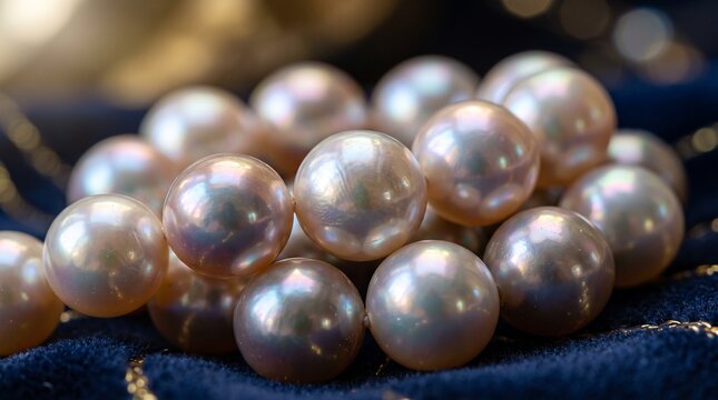 Close up of a strand of lustrous white pearls resting on soft blue velvet fabric with golden threads in a jewelry setting
