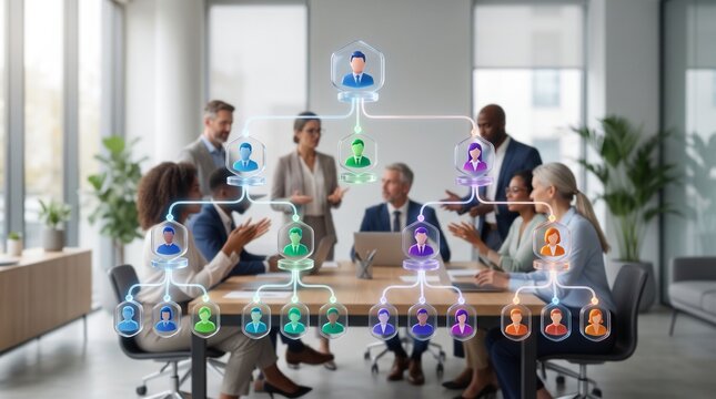 Business team collaborating on organizational chart. Corporate meeting with diverse professionals analyzing company structure.