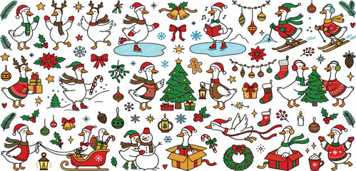 Cute Christmas goose doodle vector set with festive geese ice skating skiing sleigh holiday elements © Hossain Studio