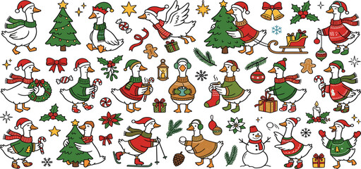 Cute Christmas goose doodle vector set with festive geese santa hats winter skiing holiday elements © Hossain Studio
