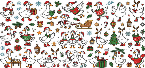 Cute Christmas goose doodle vector set with festive geese santa hats ice skating winter elements © Hossain Studio