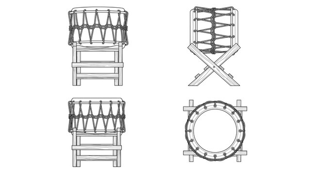 Shime Daiko Percussion Musical Instrument Technical Drawing Blueprint with Front Side Back and Top Views CAD Line Art Vector Illustration