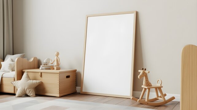 Empty vertical poster frame leaning against a wall in a cozy nursery room with wooden toys, rocking giraffe, and childrens furniture