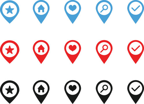 Map Location Pin Vector Icon Set with Favorite Star Home Address Heart Like Search and Checkmark Markers for GPS Navigation Tracking App and UI Design, PNG.