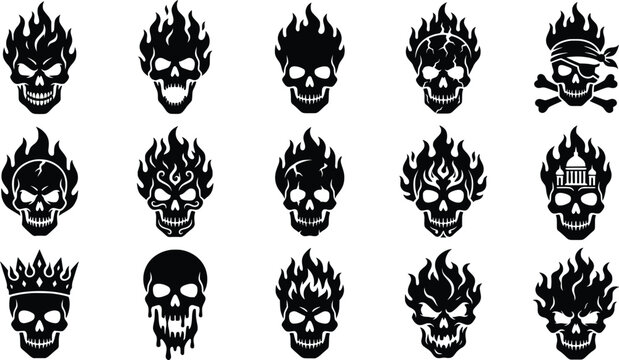 Flaming skull vector set, pirate skull crossbones burning head silhouette icons, fire skull clipart bundle for tattoo design, laser engraving file