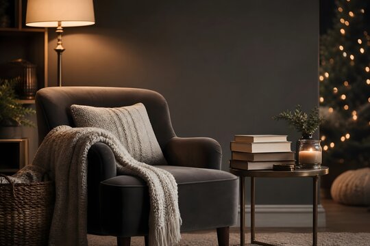 Cozy Living Room Interior with Armchair and Warm Lighting for Winter Season