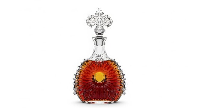 Crystal decanter filled with rich amber liquid cognac or brandy decanter beverage expensive hospitality transparent collection bottling drinkware glassware spirituous exclusive celebration