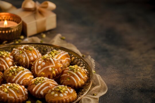 Traditional Middle Eastern Sweets with Pistachio and Glaze on a Decorative Plate