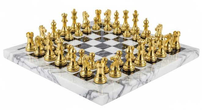Luxury chess set with golden pieces on a white marble board strategy competition intellectual checkmate tabletop recreation challenge material tournament tactical thinking gameplay