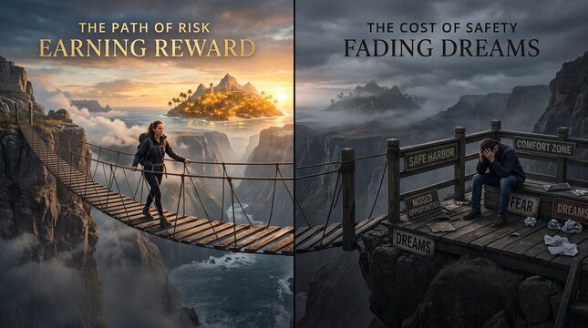 Conceptual split screen showing a woman crossing a rope bridge to a golden island and a man sitting dejectedly on a wooden platform in fog