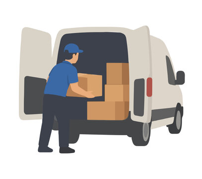 Hand-traced vector illustration of a courier worker in blue cap and uniform loading cardboard parcels into the open rear doors of a white delivery van, flat design style