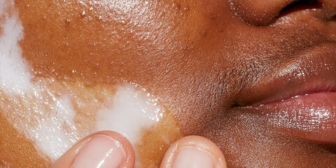 Fototapeta premium Extreme close up of brown skin with vitiligo patches being moisturized with a white cream for skincare and inclusivity concepts