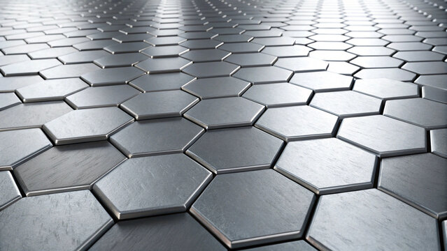 Shiny metallic silver hexagonal tiles arranged in a geometric pattern