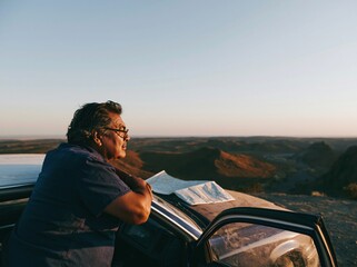 Fototapeta premium Mature man looks out over a vast desert horizon during a road trip for summer travel and retirement lifestyle campaigns, featuring golden sunset light and a dusty car