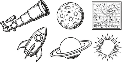 Vintage engraving style set of space exploration and astronomy elements depicting celestial bodies a telescope and a rocket perfect for science education and cosmic themes © Zohaib