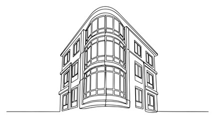 Fototapeta premium Modern corner building with curved glass windows in continuous line drawing style