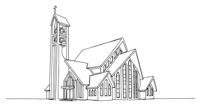 Church building with tall bell tower and gabled roof in continuous line drawing style