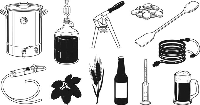 Craft Beer Home Brewing Kit and Equipment Icons Set Featuring Fermentation Carboy Kettle Ingredients Bottle and Production Tools Vector Graphic Illustration