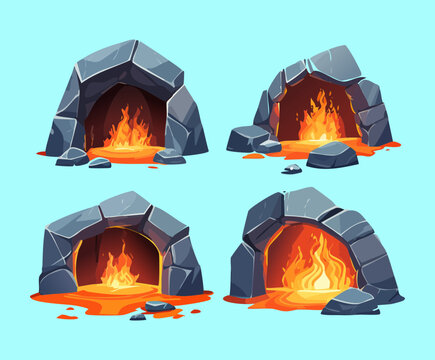 set of fire cave openings with burning flames for fantasy RPG dungeon portal map level graphic design asset