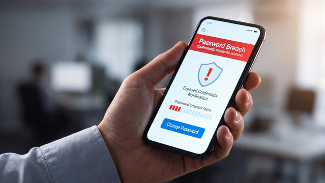 Password breach warning concept for compromised credential notification exposed account alert and urgent security change requirement on mobile device