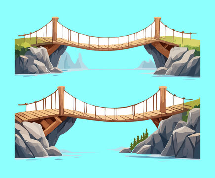 wooden suspension rope bridges set over cliff river gap for adventure platformer strategy game level asset