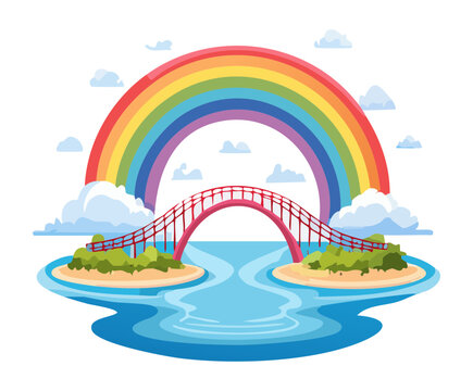 scenic rainbow arch bridge over calm lake water for fairytale fantasy adventure video game environment map icon