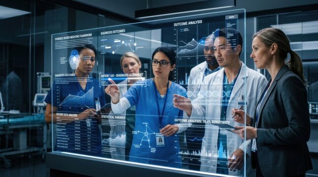 Medical Professionals Collaborating On Advanced Holographic Health Data Display