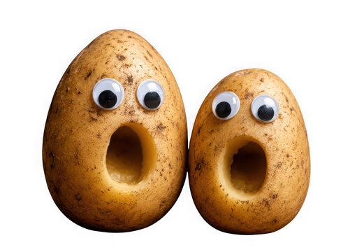 Two surprised potatoes with googly eyes and carved mouths, isolated on transparent background