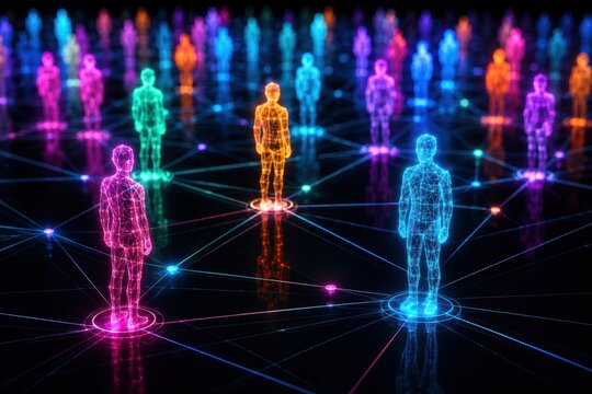 Digital Network of Connected Beings: A vibrant 3D visualization showcases a network of glowing, diverse human figures connected by luminous lines.