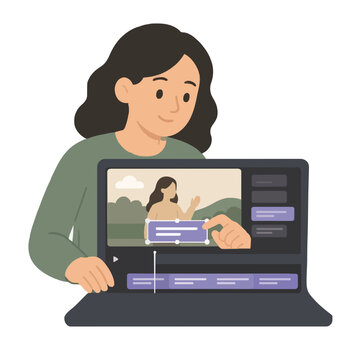 Creator adding captions to video on laptop, hand-drawn vector illustration of a content producer editing subtitles on screen with timeline and preview window