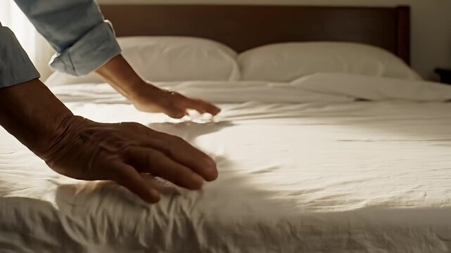 Hands smoothing white linens on a made bed.