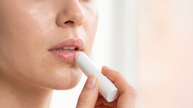 Close up of a woman applying moisturizing lip balm to dry lips for daily skincare and beauty routine