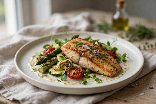 Fine dining seafood dish with grilled fish fillet, vegetables and delicate sauce, served on a minimalist plate in soft natural light